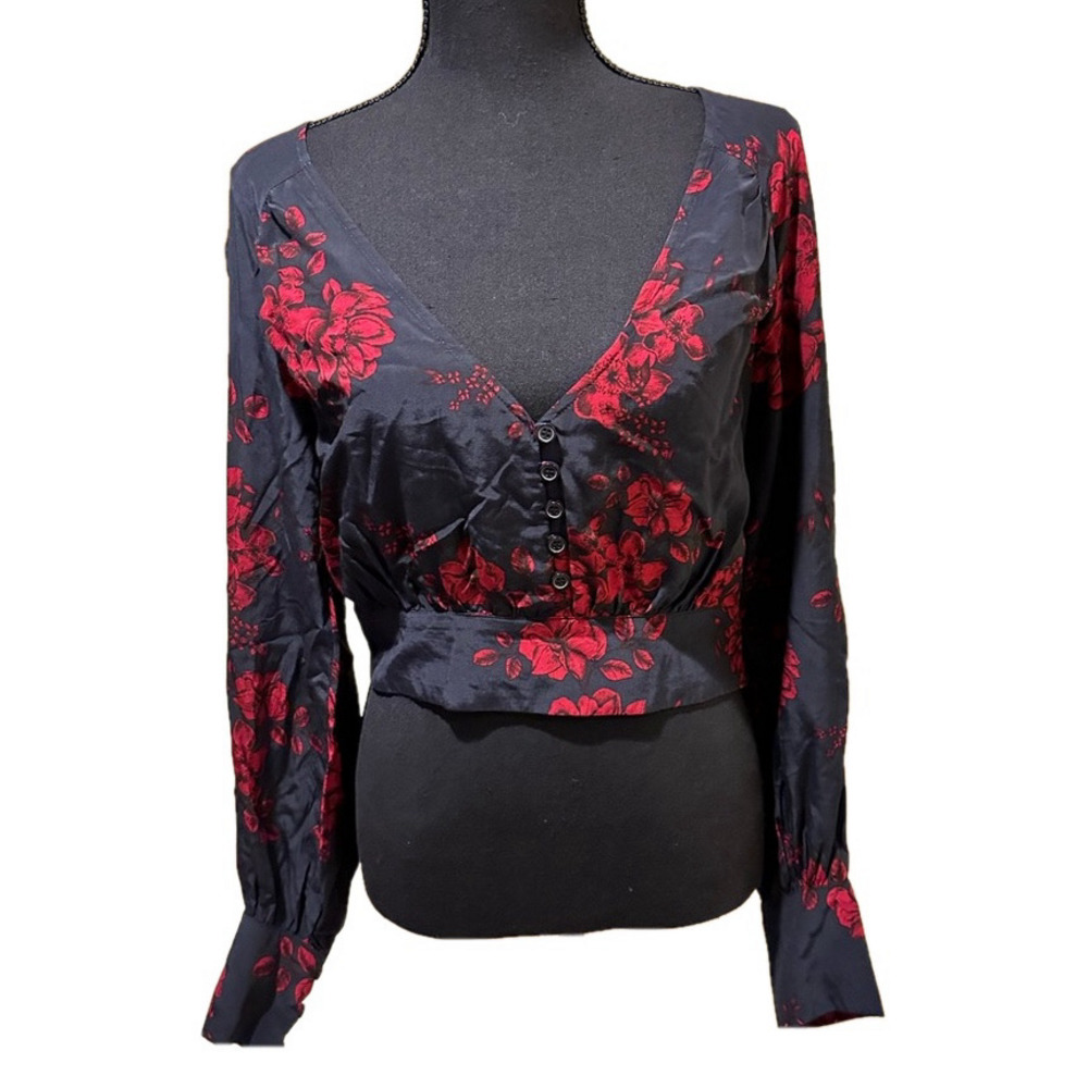 MARISSA WEBB LONG SLEEVE BUTTON DOWN BLACK AND RED FLORAL TOP